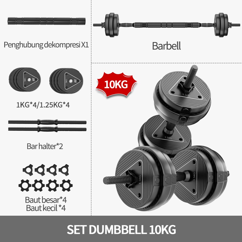 Dumbbell Barbell 10Kg Multi Function Dumbbell Alat Futnes Gym Set Bisa Bongkar Pasang