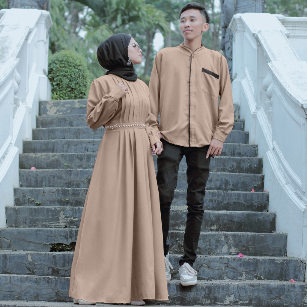 Gamis Couple Pasangan - Baju Couple Kondangan Kekinian - Gamis Couple - Reline Bahan Shakila Stretch Premium DEMORE