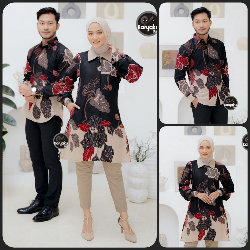 BATIK COUPLE MODERN MOTIF MAWAR HITAM KEMEJA &amp; TUNIK BATIK ATASAN BATIK WANITA BATIK PRIA