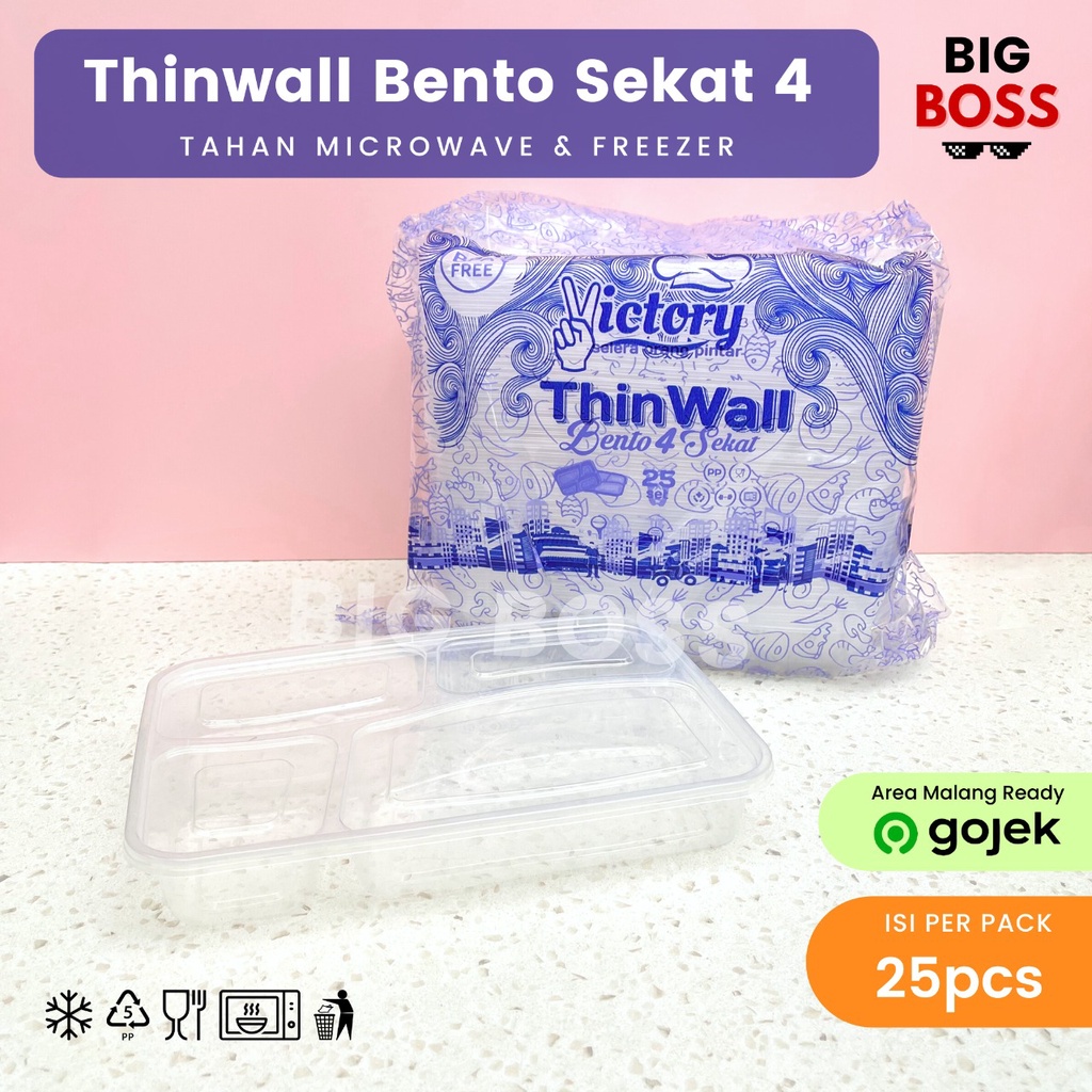 [ISI 25 PCS] Thinwall Bento Sekat 4 + Tutup / Thinwall Bento Kotak Makan Bekal / Kotak Makan Plastik / Food Container Food Grade PREMIUM MURAH