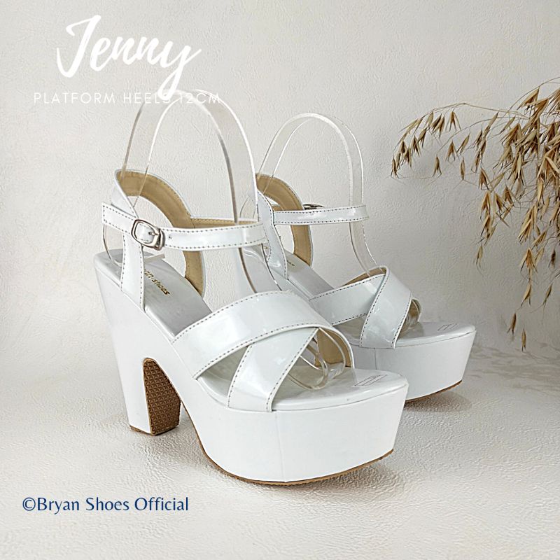 Bryan Jenny Glossy Platform Heels Silang 12cm Hak Tahu Kelom Berkualitas Sol Tebal