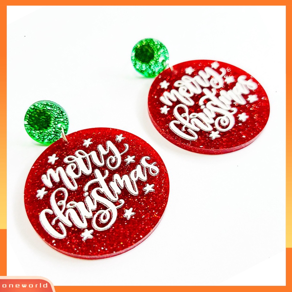 [WONE] 1pasang Anting Menjuntai Hias All-match Glittery Merry Christmas Geometrical Round Hoop Earrings Untuk Perjamuan