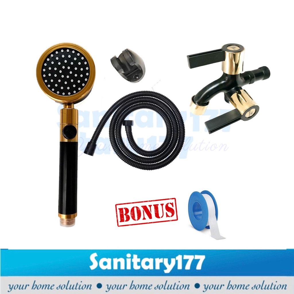 Paket bundling shower mandi kombinasi warna hitam gold on off tombol 1024 &amp; kran shower cabang black gold minimalis stainless semprotan mandi anti pecah