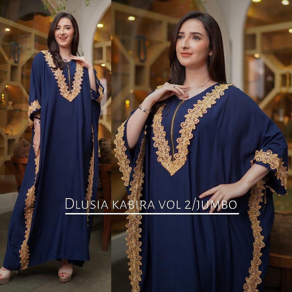 Dlusia Kabira Kaftan Renda Rayon Premium Gamis Arabian Lace Baju Muslim Bigsize Polos Kekinian LD 140 cm