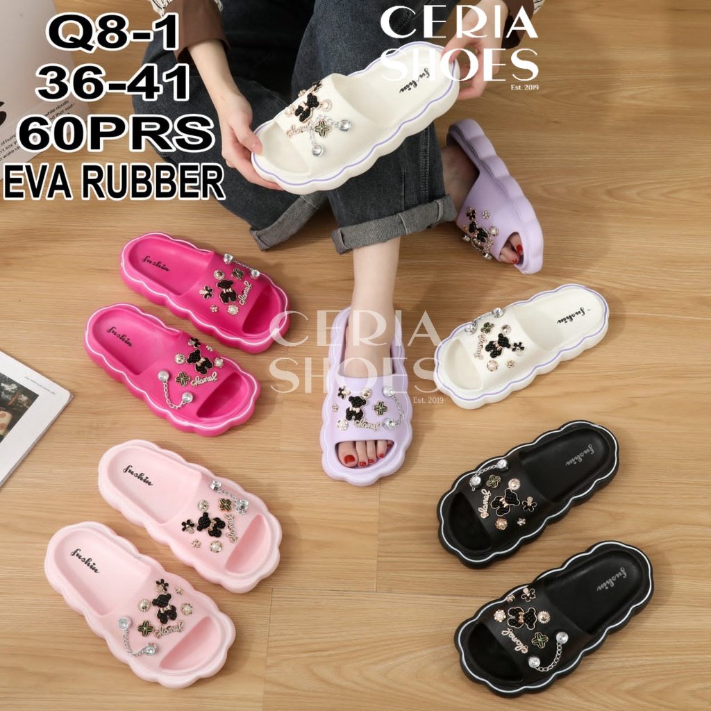 PVC Sandal Slop Jelly Import Wanita Motif Golden Black Bear Bahan Empuk Elastis Non-Slip Rubber Q8-1