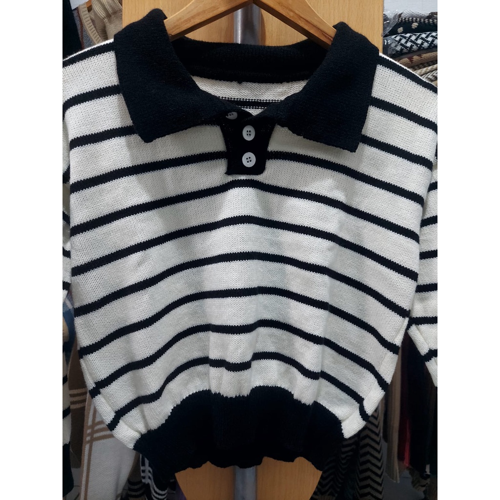 INEZ Top Knit rajut Stripe Blouse Polo