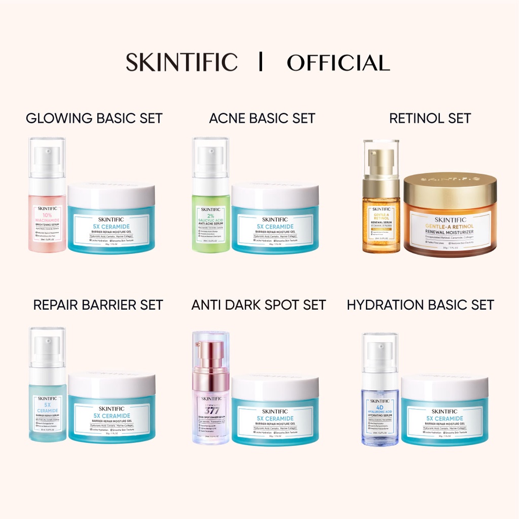 SKINTIFIC 2pcs set with serum (Cream +Serum)  paket skincare Moisture Gel + Glowing Serum /Anti Acne Serum / Skin barrier Repair Serum / Hydration Serum