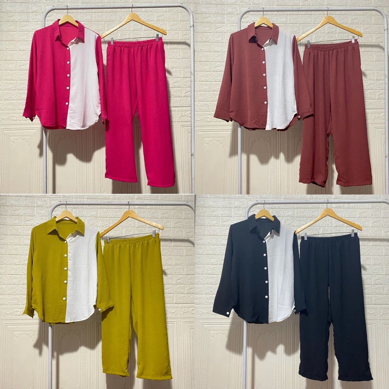 ONE SET CRINKLE NOELA STELAN SETCEL JUMBO KANCING PUTIH BIGSIZE XXL MURAH GROSIR MODELLANO