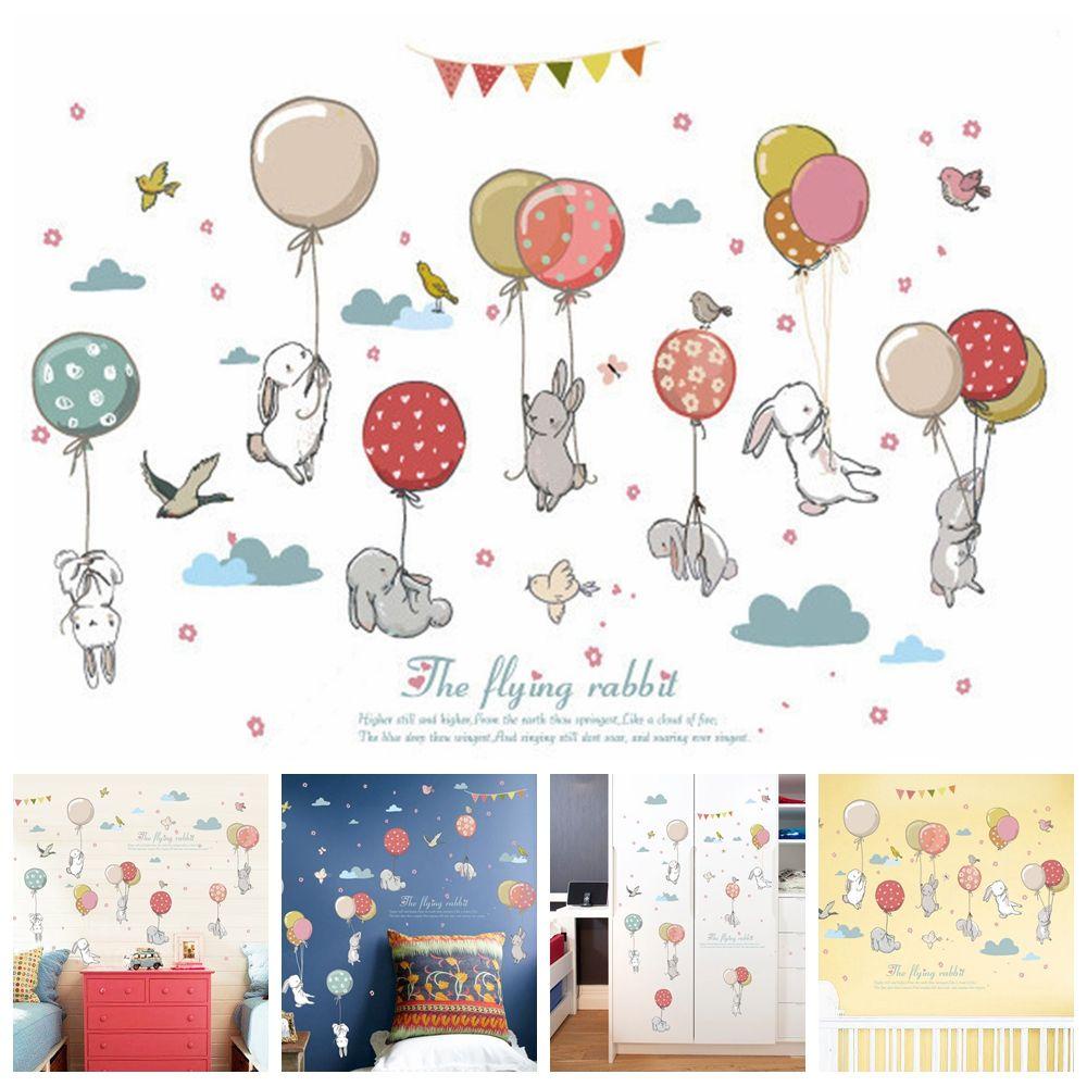 Solighter Stiker Dinding Removable Hiasan Kamar Anak Paskah Supply Kartun Kelinci Balon