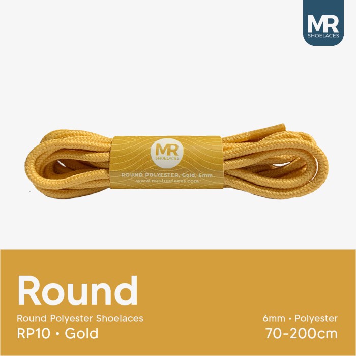 MR Shoelaces RP10 Emas (Gold) Tali Sepatu Bulat Round 6mm  70cm 80cm 90cm 100cm 120cm 150dm 180cm 200cm Tali Sepatu Bulat Polyester Premium