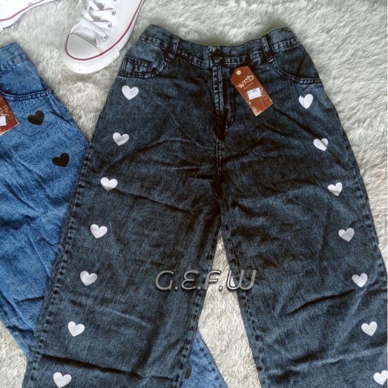 Celana Kulot Jeans Love High Waist Model Korea Atau Korean Style Pinggang Kancing Bagian Belakang Karet All Size Fit L Standar Dari Bb 40kg sampai Bb 60kg / Kulot Levis Panjang Wanita Motif Print Logo Hati Ada Warna Hitam Snow  Dan Warna Biru Snow