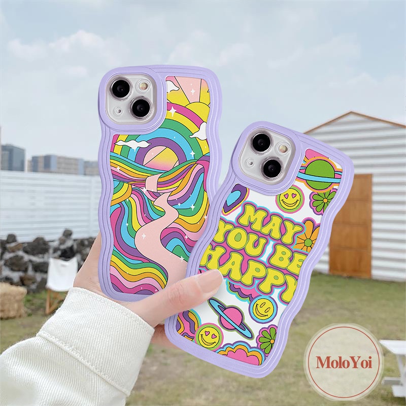 IPHONE Casing Case Compatible Untuk Iphone6 6s 78 Plus 11 13 12 14 Pro Max XR X XS Max14 Plus 7Plus 8Plus SE 2020 Wavy Edge Casetify Warna Warni Rainbow Smile Wish You a Happy Label Soft TPU Cover