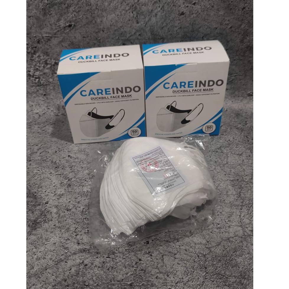 ↻ BOX 50 PC - MASKER DUCKBILL 3PLY SS DAN CAREINDO GARIS PUTIH HITAM ㋿