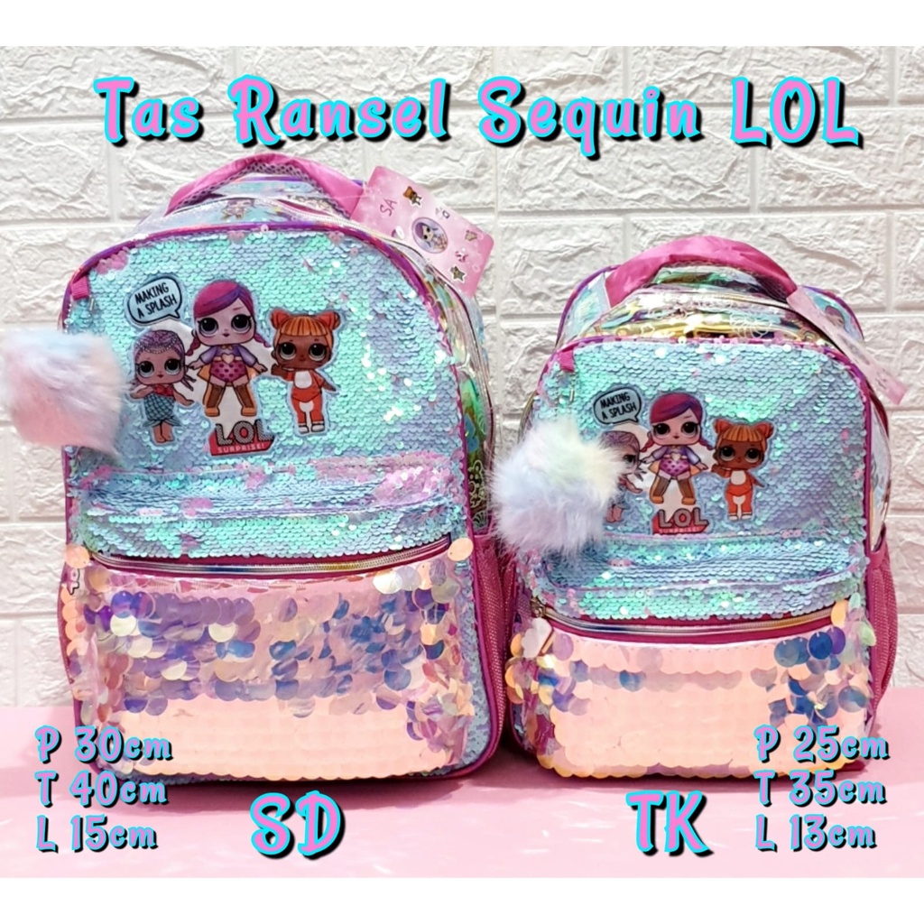 Tas Sekolah Ransel Anak TK dan SD Motif Sequin Koin Gambar LOL dan Mermaid Backpack Anak Perempuan TK dan SD