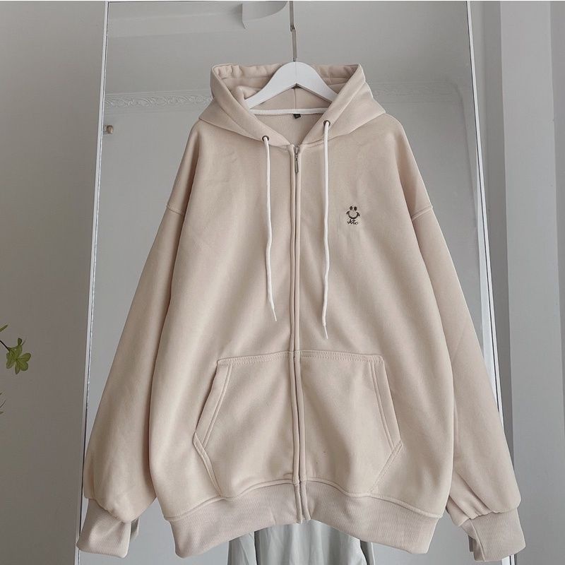 Zip Hoodie Jacket Oversized CUTE SMILE ( S - 6XL ) Jaket Jumper Boy Girl Big Size Cream Krem Korean Harajuku Style Fashion Urban Hip Hop Panda Bear Fleece Jumbo