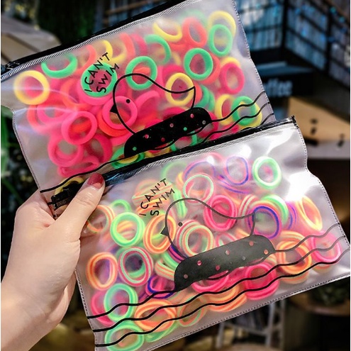 Ikat Rambut Korea I Can Swim Warna Warni + Pouch Aksesoris Rambut Elastis