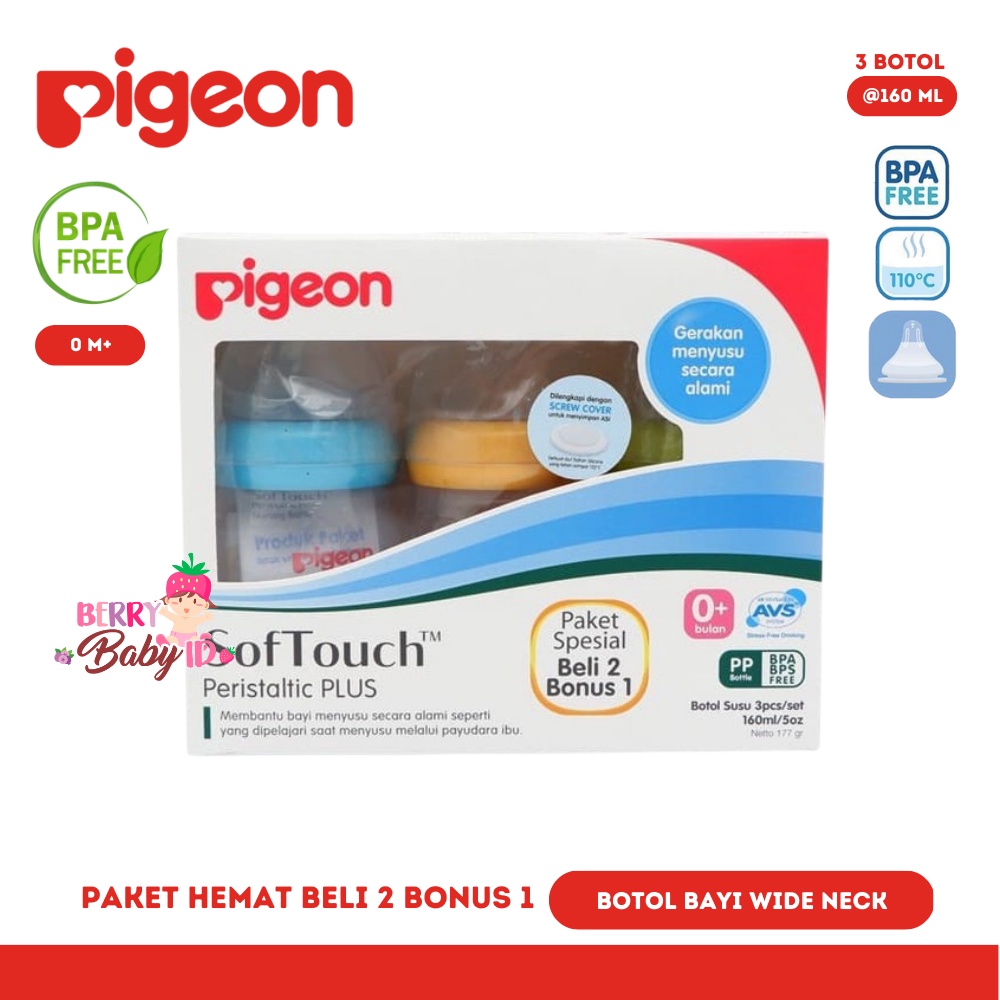 Pigeon Paket Beli 2 Gratis 1 Botol Susu Bayi Soft Touch 160 ml 0m+ Berry Mart