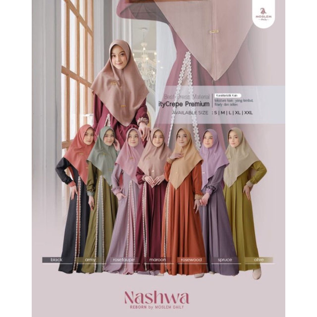 READY - NASHWA REBORN (GAMIS SET KHIMAR / SET PASHMINA / DRESS ONLY) BY MOSLEM DAILY TERBARU 2023