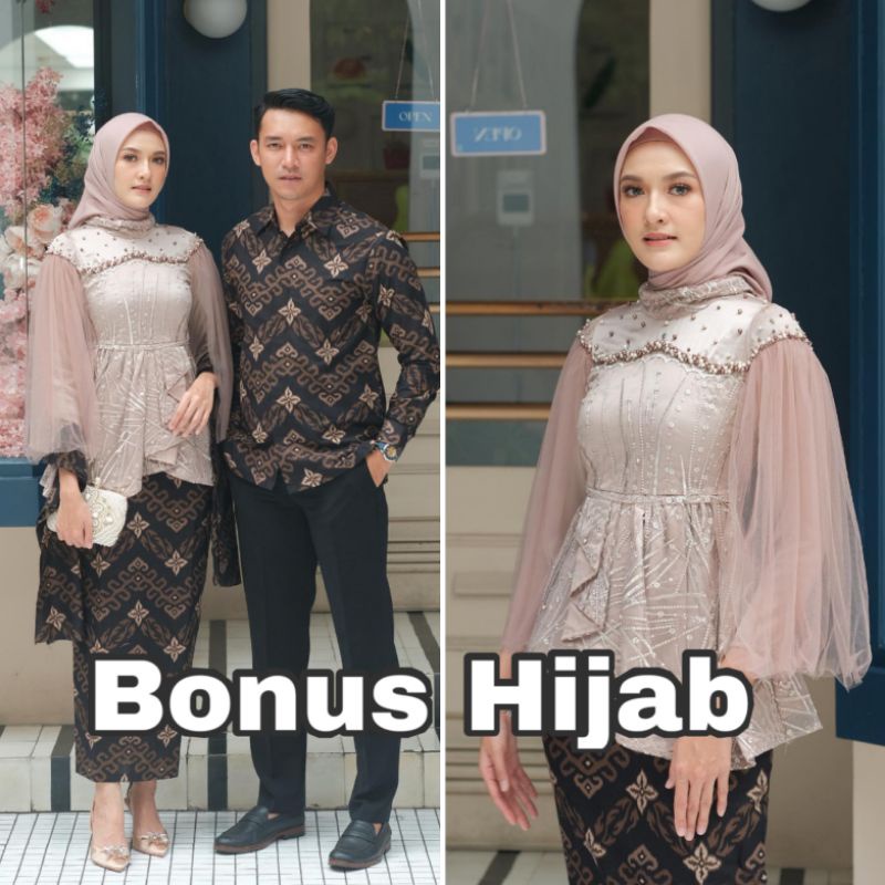 Jual Ori Kebaya Batik Couple Vanilla Nude Bonus Hijab Kebaya Wisuda