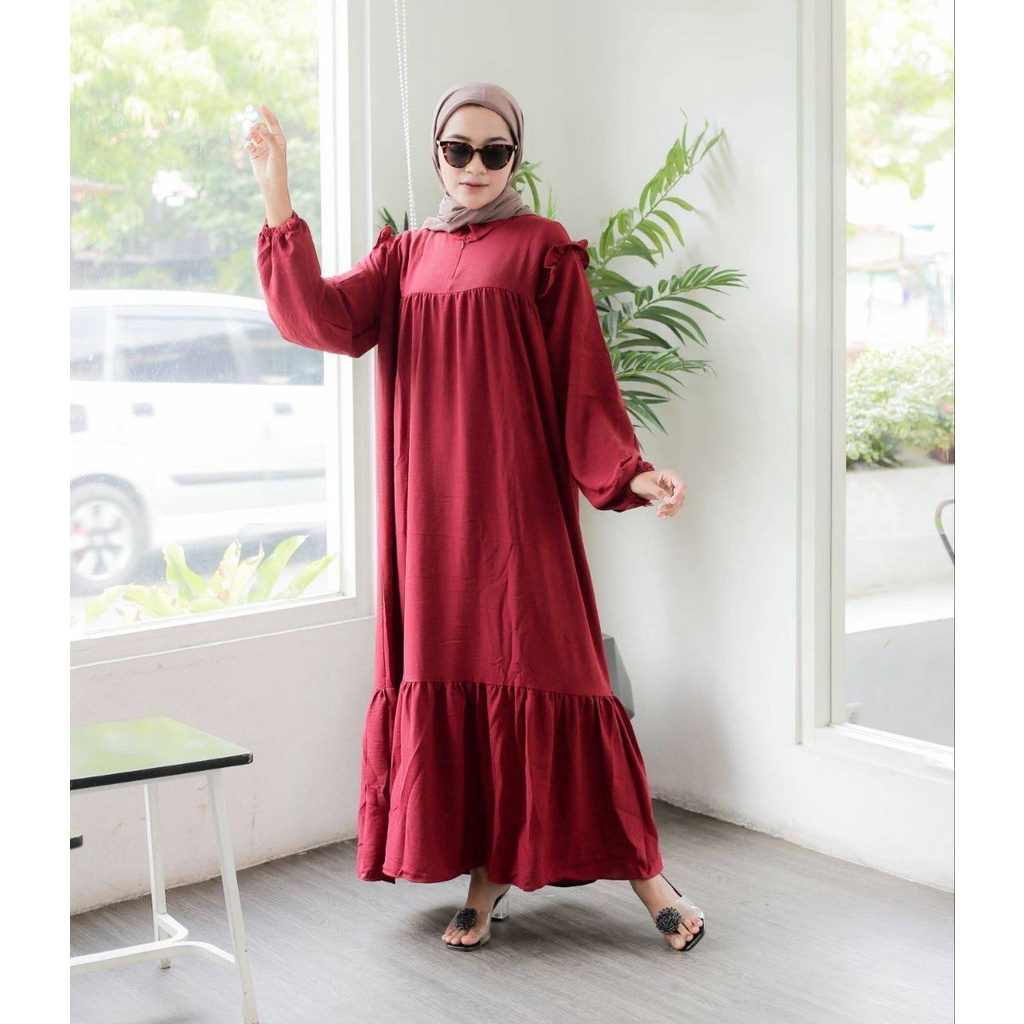 Mhia Cantika Dress Wanita Crinkle Airflow Premium Gamis Jumbo Ruffle Lengan Panjang Karet Baju Wanita Kekinian LD 120 cm