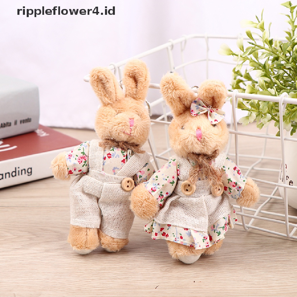 {rippleflower4.id} Gadis Lucu Gaya Negara Linen Teddy Bear Gantungan Kunci Wanita Pasangan Kelinci Keying Bag Car Trinket Mainan Mewah Liontin Mainan Hadiah~