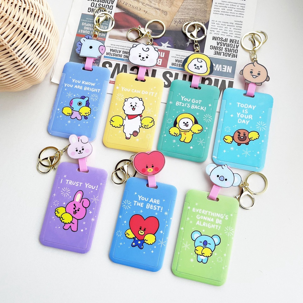 KPOP BTS BT21 Card Holder Hard Case TATA COOKY Photocard Protector Key Ring dengan Rantai Gantung yang Dapat Direnggangkan