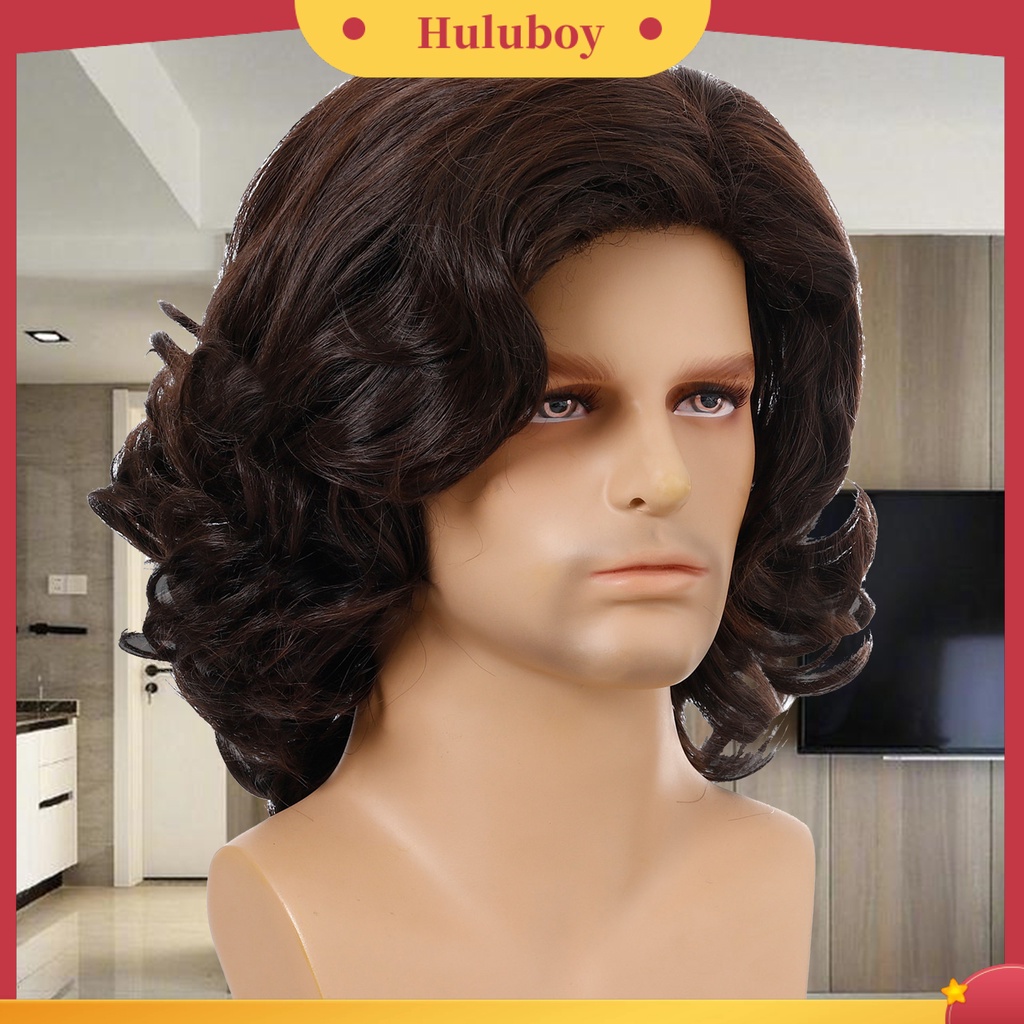 Wig Rambut Pendek Keriting Miring Dengan Poni Untuk Pria