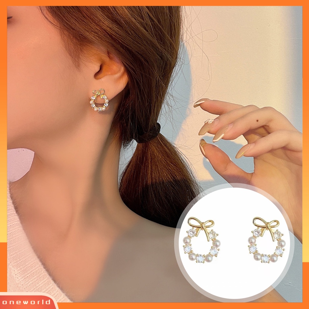 [WONE] Ear Studs Simpul Busur Kecil Indah Paduan Mutiara Imitasi Rhinestones Ear Studs Untuk Club