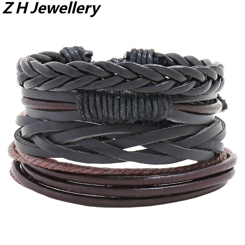 [Z H Jewelry] 4PC/1set Hip Hop Rock Retro Pria Fashion Gelang Kulit Perhiasan Aksesoris