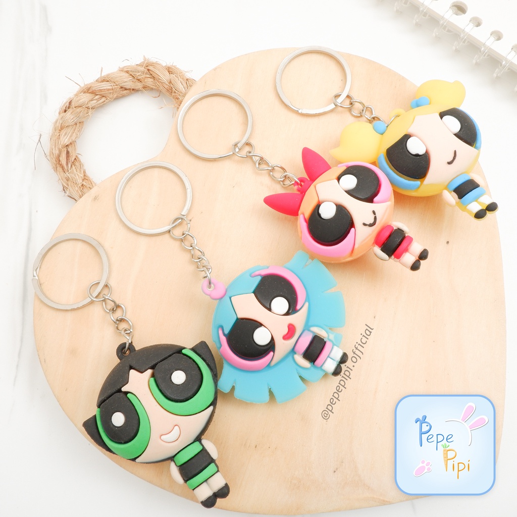 Gantungan Kunci Karet Power Puff Girl Keychain Hiasan Tas karet Gantung Hiasan Aksesoris Tas Buttercup Bubbles Blossom Bliss