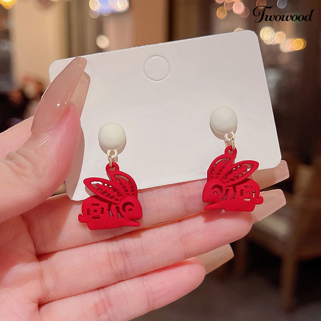 Twowood 1pasang Anting Menjuntai Kelinci Dekorasi Karakter Cina Romantis Menguntungkan Mutiara Imitasi Hiasan Telinga Vintage Cina Merah Cutting Paper Rabbit Earrings Aksesoris Pakaian