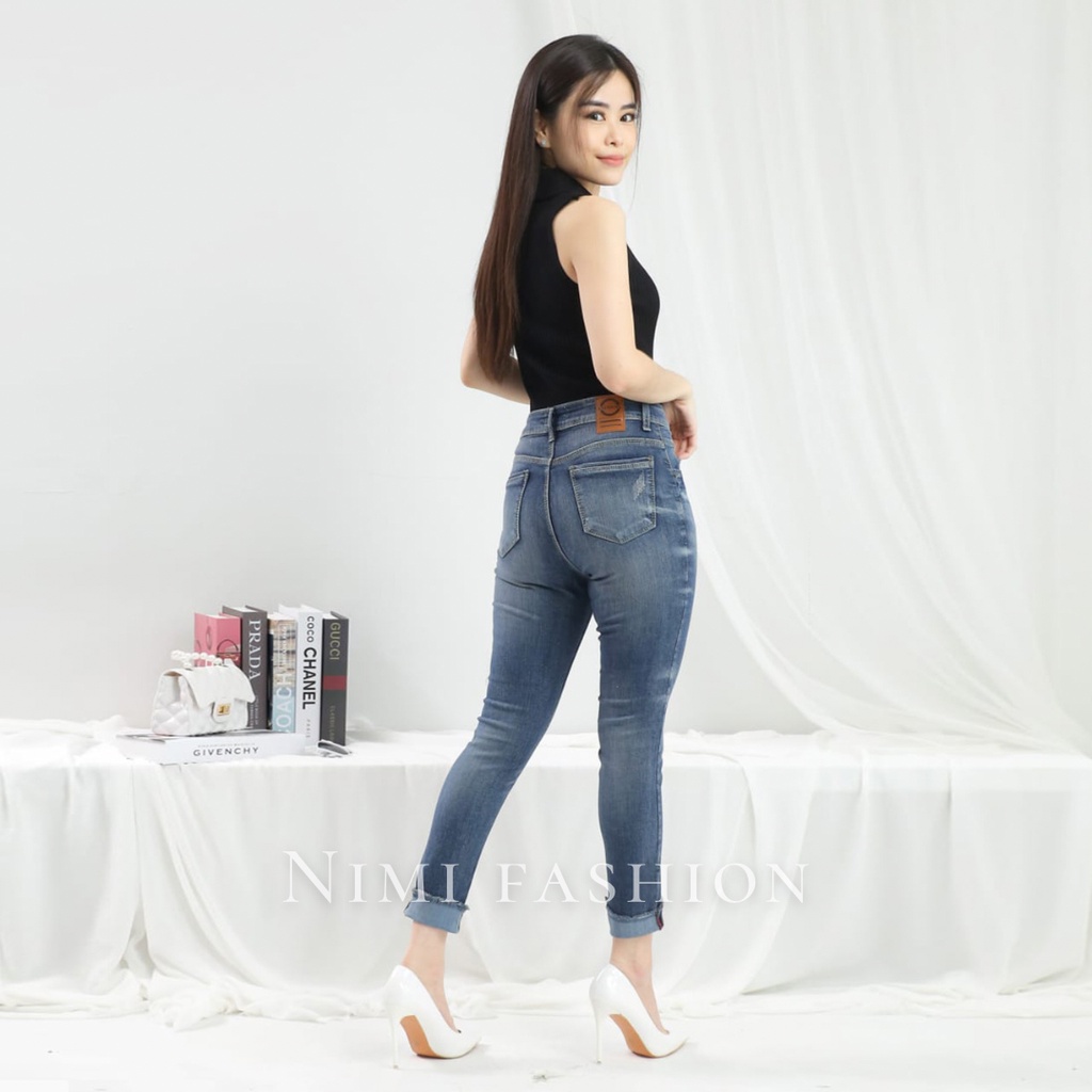 NIMI - Agnes Boyfriend Hw Celana Jeans Stretch Wanita High Waist Tint Stik Balik