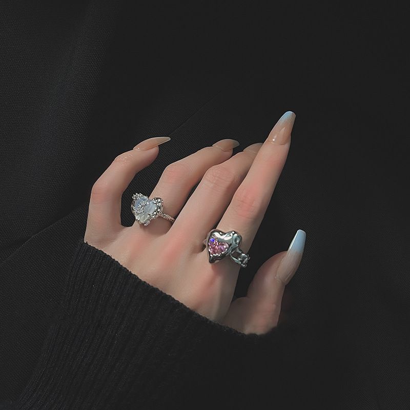 Set Cincin Batu Permata Perak Korea Untuk Wanita Cinta Hati Jari Cincin Perhiasan Y2K Aksesoris
