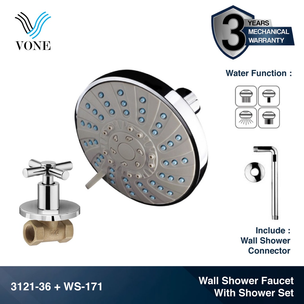 VONE 3121-36 + WS-171 Stop Kran Tanam Shower Mandi Set Wall Tembok