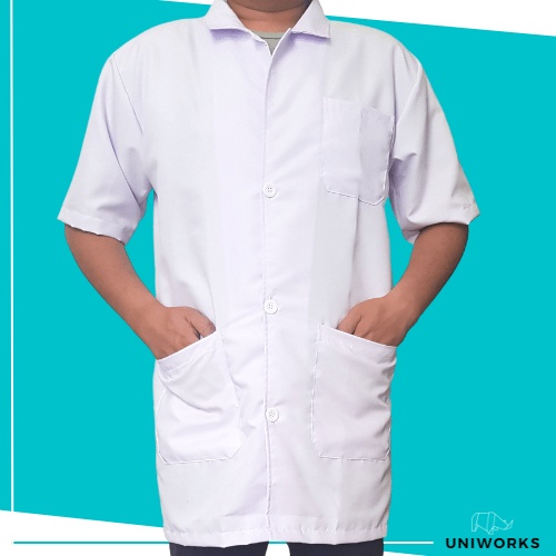 UNIWORKS Jas Lab Medis Bahan Oxford Original dan American Drill Warna Putih 3 Model Lengan