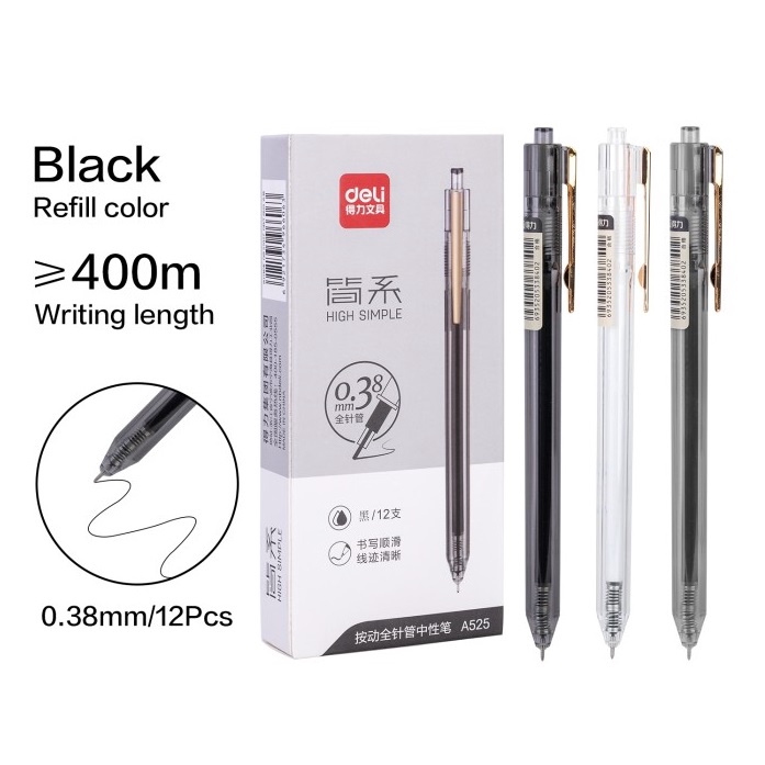 PULPEN GEL 0.38 MM CETEK CETREK UJUNG LANCIP NEEDLE POINT BALLPOINT GEL BODY PUTIH HITAM BAGUS DELI A525