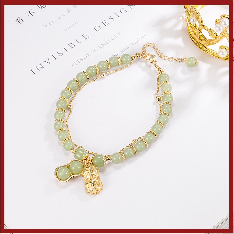 Gelang Batu Giok Hetian Double Layer Kacang Emas 18K Untuk Wanita U1482