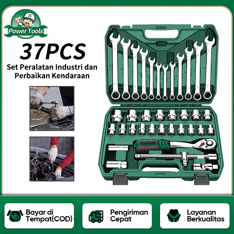 ISKU Kunci Shock Set 37pcs/Full Lengkap Socket Toolkit 37pcs Termasuk Kunci Pas Ring Set 12pcs Dan 21pcs Mata Shock