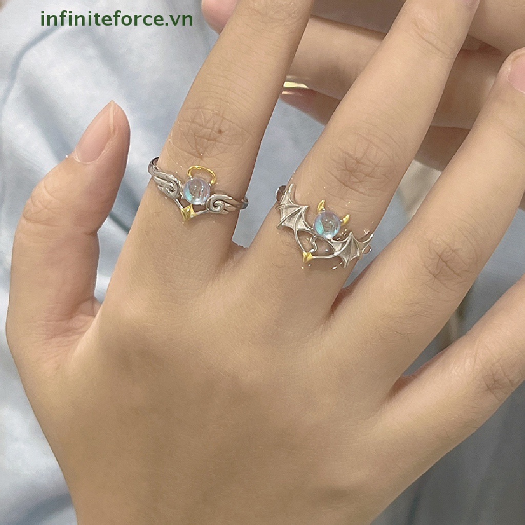[INVN] Moonstone Angel and Demon Wings Cincin Pasangan Untuk Wanita Fashion Cincin Pembukaan Yang Dapat Disesuaikan Perhiasan Pesta [VN]