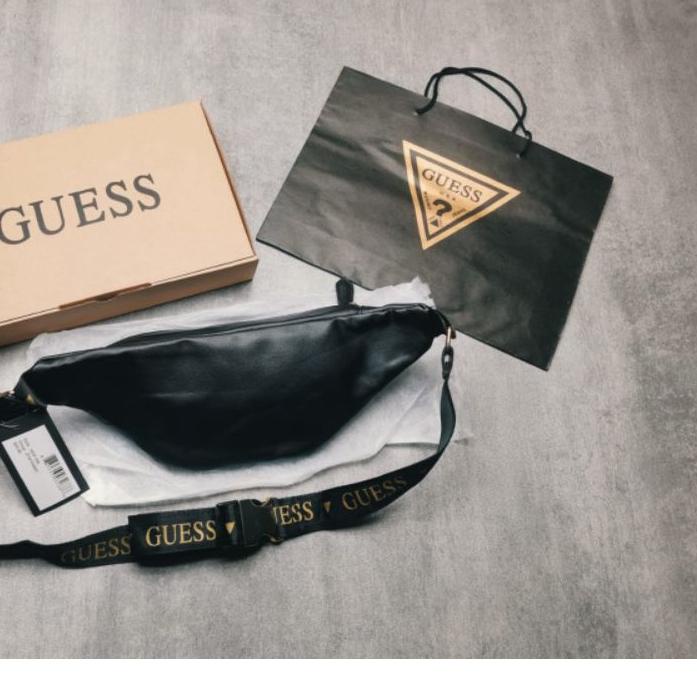 Waist bag GUESS Balck Gold Full set/ Waistbag pria Guess leather Gold Tas pinggang pria dan wanita