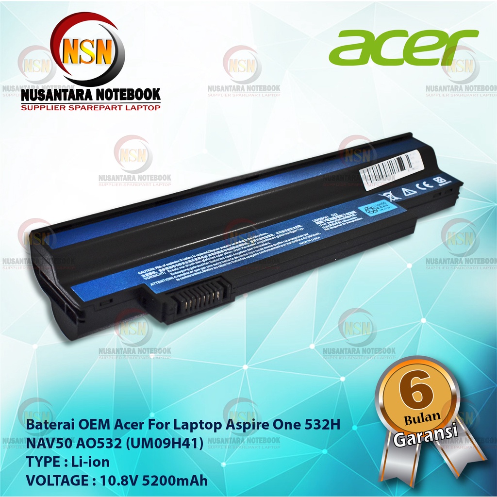 Baterai Acer UM09H41 OEM For Laptop Aspire One 532H NAV50 AO532 10.8V 5200mAh