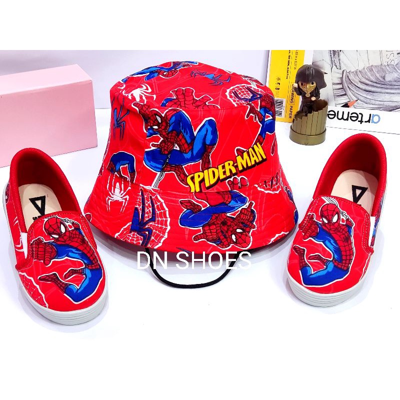 Paket Sepatu Anak Topi Bucket Anak Paket Slip On Bucket Hat Anak Laki Laki Spiderman Merah Keren