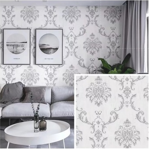 WALLPAPER /STICKER DINDING MOTIF BATIK SILVER DASAR PUTIH