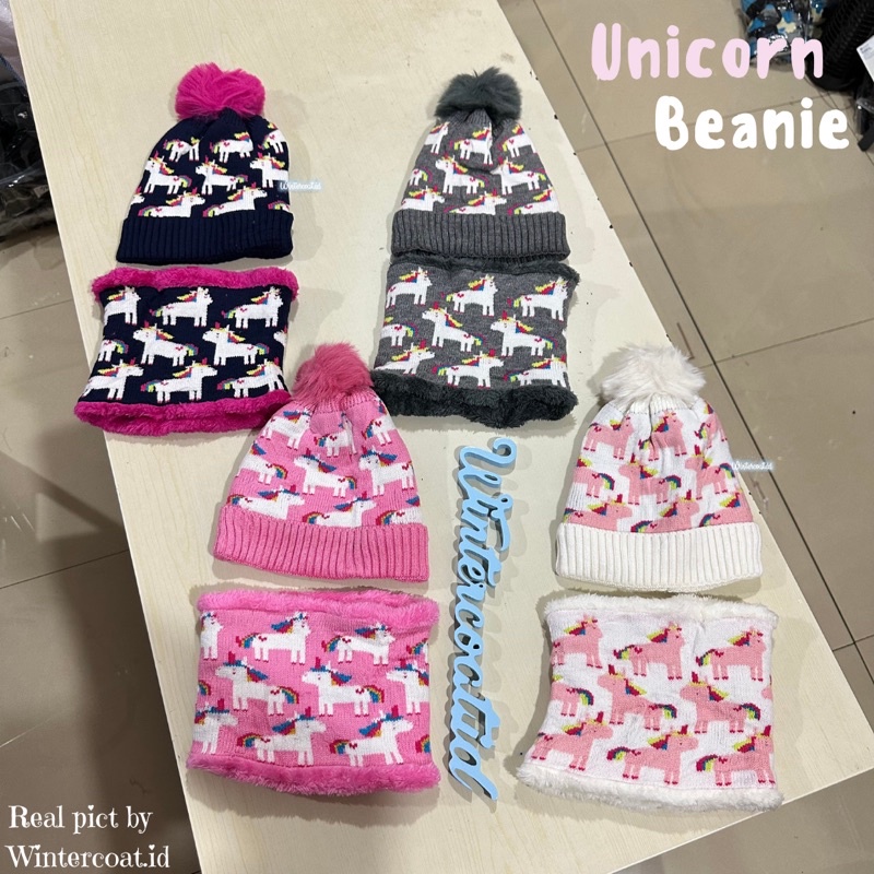 Kids beanie set winter topi syal hangat anak bayi Baby hat neck warmer import musim dingin cowok cewek unicorn