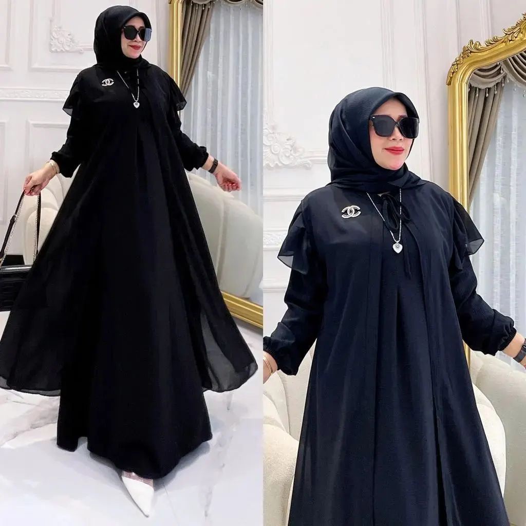 Gamis syari karin dres bahan crinkle mix ceruty baby doll premium full furing / busui / resleting depan original