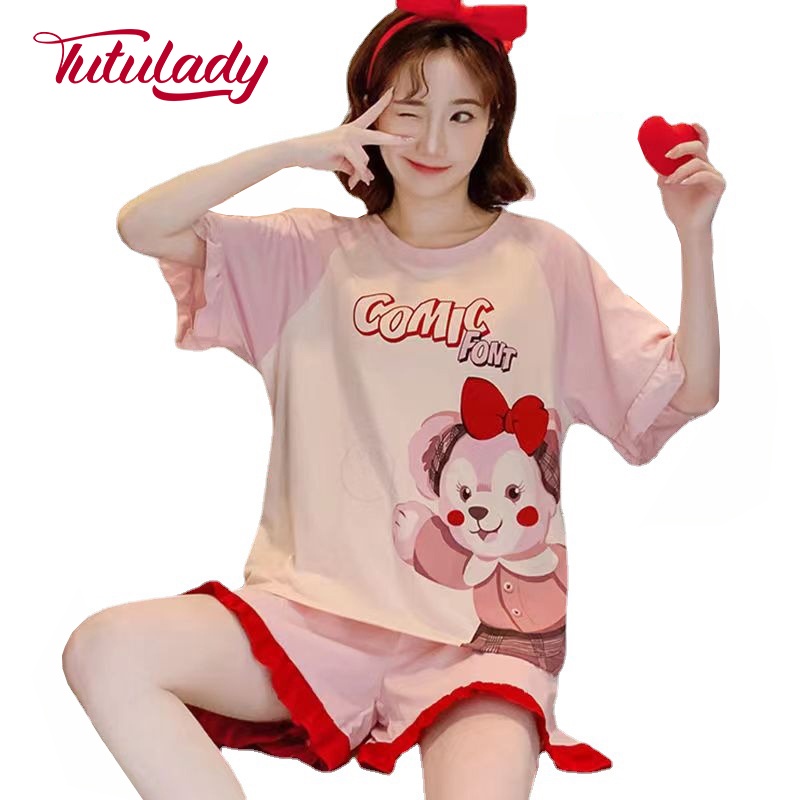 TUTULADY Baju Tidur Wanita Set Pendek Motif Kartun Lucu