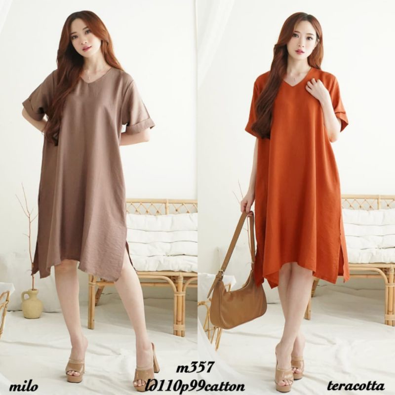 FM M357 Dress Wanita Polos V Lengan Pendek Katun