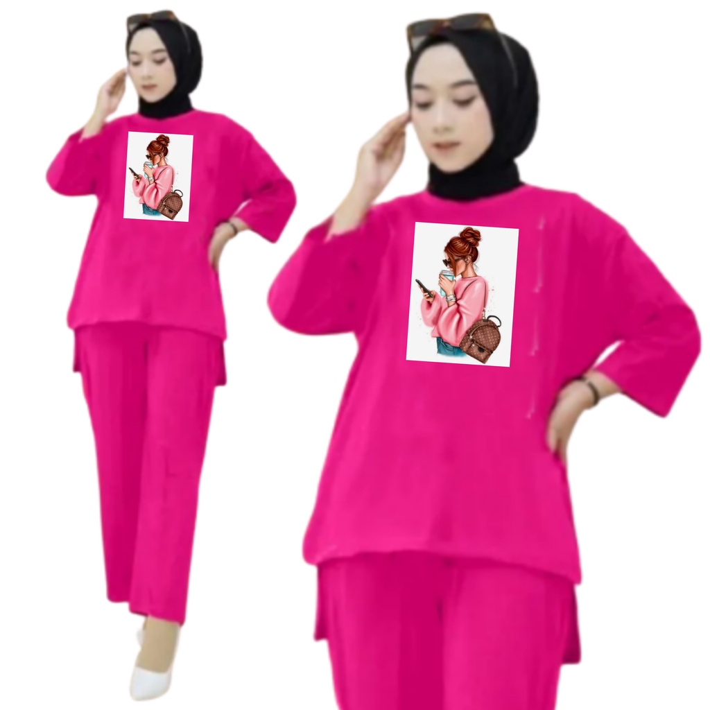 Setelan Kaos Wanita Dewasa Oversize Ld 130 cm Terbaru 2023 Viral Gambar DTF Bahan Kaos Babyterry Tangan 3/4 dan Celana Panjang One Set Wanita Dewasa Jumbo Kekinian Atasan Baju Wanita Dewasa Big Size Stelan Baju Wanita Santai Cewek MINUM KOPI