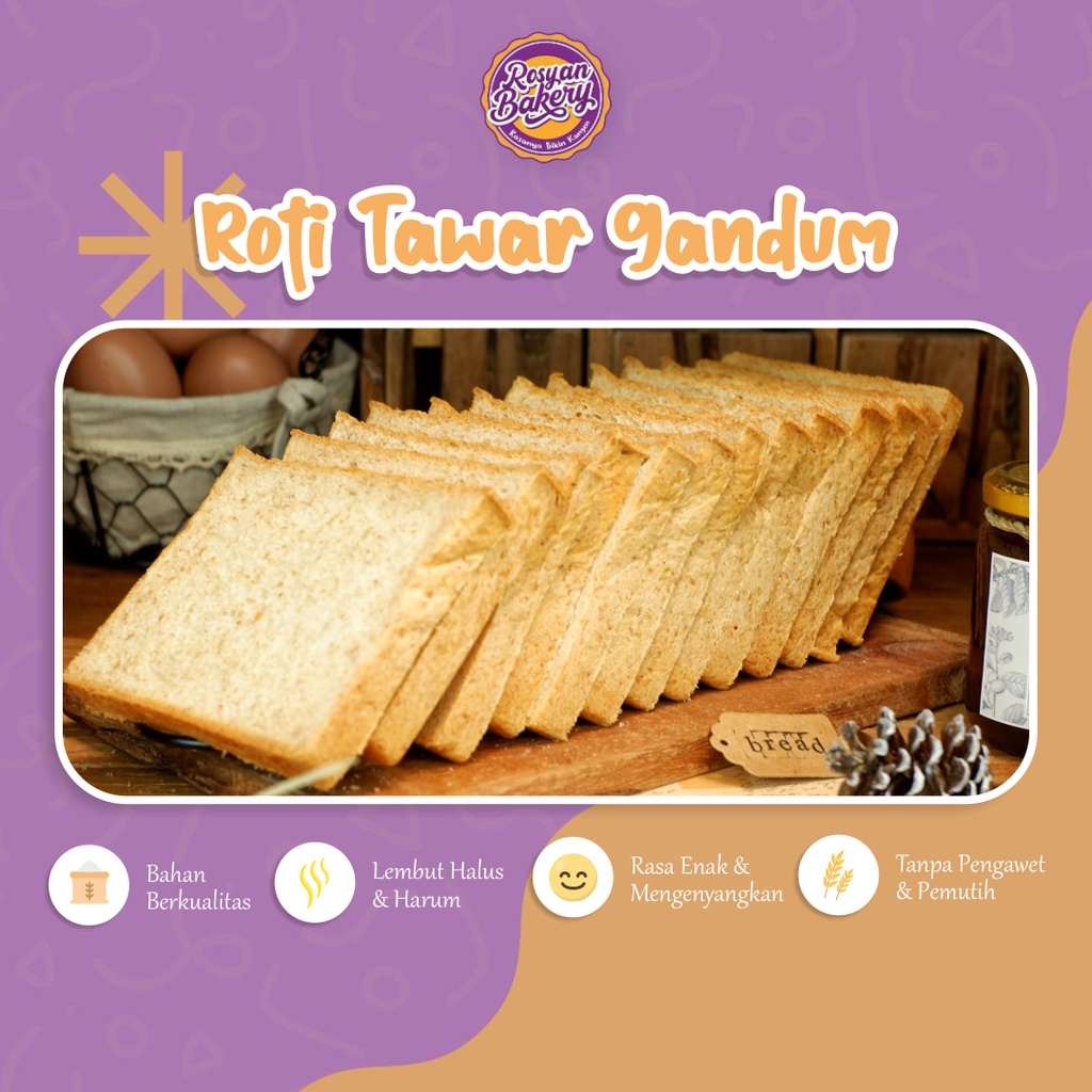 

Roti Tawar Gandum Rosyan Bakery Tebal Lembut Halus Whole Wheat Bread Enak Tanpa Bahan Pengawet HALAL