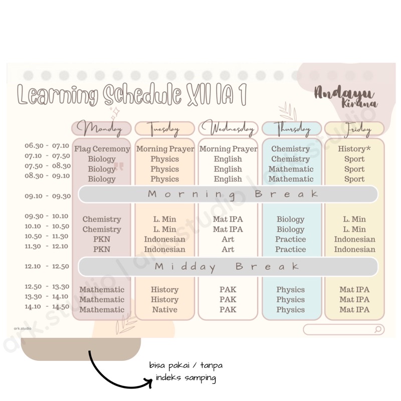 Pembatas Binder A5 B5 Custom - Jadwal Pelajaran Aesthetic